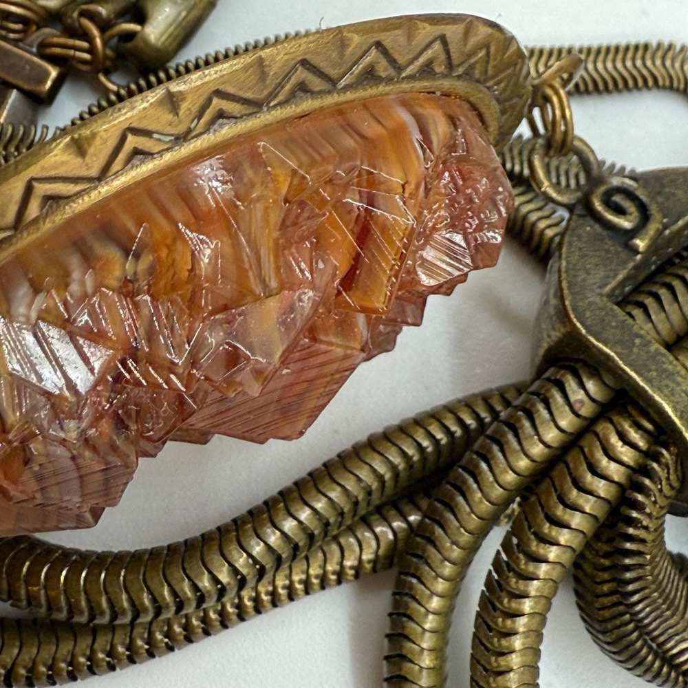 Unique Bronze Multi Snake Chain Orange Acrylic Pendant Necklace Unknown Maker - Picture 16 of 16
